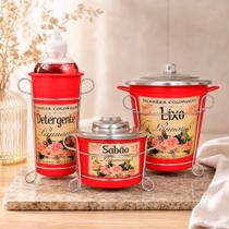 Kit Pia Alumínio Vermelho com Suporte 3 Peças Decoupage Lixeira Porta Sabão e Detergente Cozinha Luxo Kit Pia Alumínio Vermelho com Suporte 3 Peças Decoupage Lixeira Porta Sabão e Detergente Cozinha Luxo