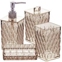 Kit pia banheiro porta cotonete, escovas, sabonete líquido e saboneteira de plástico Cristal âmbar Plasutil