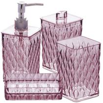 Kit pia banheiro porta cotonete, escovas, sabonete líquido e saboneteira de plástico Cristal rosa Plasutil