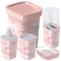 Kit pia banheiro porta cotonete, escovas, sabonete líquido saboneteira e lixeira rosa Plasutil