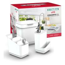 Kit Pia Branco Porta Detergente Lixeira Escorredor Talheres Ordene