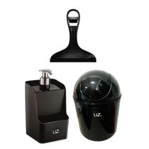 Kit Pia C/ Lixeira 4L Tampa Redonda Porta Detergente Rodinho Preto