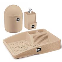 Kit Pia Cozinha 3 Peças Dispenser Lixeira Escorredor Louças