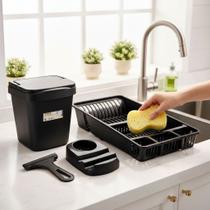 Kit Pia Cozinha 4 Peças Lixeira 4,8L, Porta Detergente, Suporte Esponja e Rodo Design Profissional