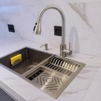 Kit Pia Cuba 70x40cm Inox 304 Com Torneira Extensível, Lixeira 4L e Dispenser de detergente de Embutir, porta esponja com Ventosa Cozinha Gourmet