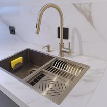 Kit Pia Cuba 70x40cm Inox 304 Com Torneira Extensível, Lixeira Cozinha Gourmet, Dispenser de detergente de Embutir e porta esponja