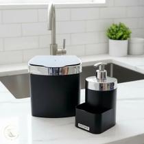 Kit Pia Dispenser Porta Detergente Líquido Cozinha 500ml E Lixeira 2,5 L Preto Com Cromada Future
