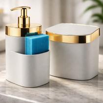 Kit Pia Dispenser Porta Detergente Líquido Cozinha 500ml E Lixeira 2,5L Branca Com Dourada Kit Pia Dispenser Porta Detergente Líquido Cozinha 500ml E Lixeira 2,5L Branca Com Dourada