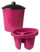 Kit pia porta detergente esponja lixeira tampa cozinha rosa