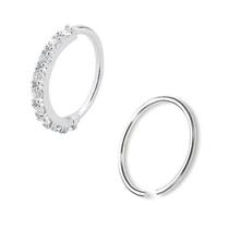 Kit Piercings Argola Cravejada e Lisa Prata 925 7mm Nariz