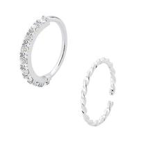 Kit Piercings Argola Cravejada e Trançada Prata 925 7mm Nariz