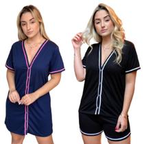 Kit Pijama e Camisola Aberta com Botões baby doll Americano Blogueira Gestação Amamentação Cirurgico