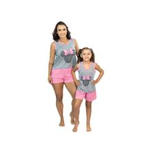 Kit Pijama Mãe e Filha Baby Doll Regata Minnie Cinza