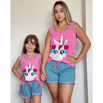 Kit Pijama Mãe e Filha Baby Doll Regata Unicornio Conjunto