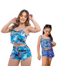 Kit Pijama Mãe E Filha Stitch Curto Adulto Baby Doll Short - Isysser