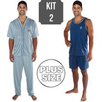 Kit Pijama Plus Size Masculino Tecido Liso Manga Curta E Calça + Regata E Short