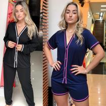 Kit Pijamas Americano Blogueira de frio e calor Aberto com Botões Cirurgico Amamentação Gestante - pijamas viçosa