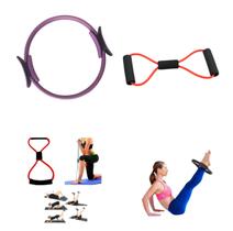 Kit Pilates Completo com Anel Mágico 38 cm Azul e Elástico Extensor de Tensão Cor variada Ideal para Yoga Fisioterapia Reabilitação Treino Funcional