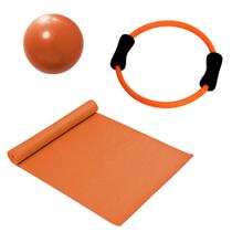 Kit Pilates Overball 25cm Laranja + Arco Anel Flexivel + Colchonete 1,70m Liveup Sports