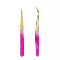 Kit Pinça Semi Curva + Reta Rosa E Dourado Extensão Cílios