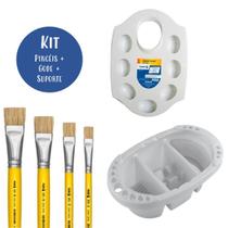 Kit Pincéis Chato Tigre + Suporte de Apoio + Paleta Gode 7 Cavidades Ideal para Artesanato Pintura Telas