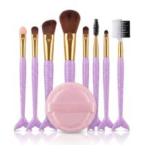 Kit Pinceis de Maquiagem Sereia 10 Pecas Cabo Decorativo Ponteiras Douradas Cerdas Macias com Esponja de Aplicacao Para Face e Olhos Kit Pinceis de Maquiagem Sereia 10 Pecas Cabo Decorativo Ponteiras Douradas Cerdas Macias com Esponja de Aplicacao Para Face e Olhos