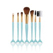 Kit Pinceis de Maquiagem Sereia 10 Pecas Cabo Decorativo Ponteiras Douradas Cerdas Macias com Esponja de Aplicacao Para Face e Olhos