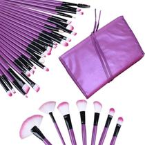 Kit Pincéis Maquiagem Profissional 32 Peças Com Estojo Roxo