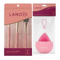 Kit Pincéis Maquiagem Rose Gold e Esponja Facial Lanossi
