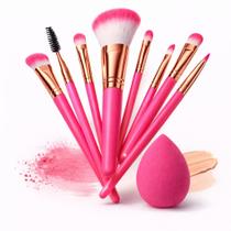 Kit Pincel de 8 peças e Esponja Gota para Maquiagem Cor Pink Kit Pincel de 8 peças e Esponja Gota para Maquiagem Cor Pink