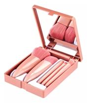 kit pincel de maquiagem 5 peças e espelho Mini Brush Portátil Necessaire make de bolsa e viagem festa