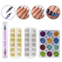 Kit Pincel Pega Strass Strass Prata e Dourado 12 Glitter Nail Designer Nail Art Decoração de Unhas Manicure Unhas Naturais Unhas de Gel
