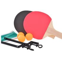 Kit Ping Pong com Rede 2 Raquetes 3 Bolinhas Preto e Vermelho em Madeira DDG Toys
