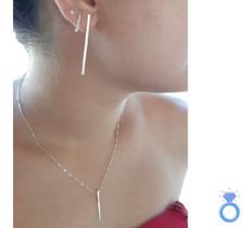 Kit Pingente E Brinco Geometrico Palito 5cm Prata Lei 925