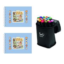Kit Pintura 2 Livrinhos De Pintura Páginas E Estojo Com 24 Canetinhas Coloridas