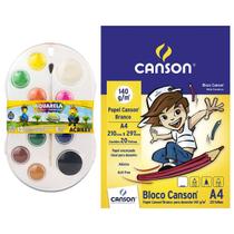 Kit Pintura Aquarela 12 Cores Escolar c/pincel Acrilex + Bloco Desenho Canson 140g 20folhas Ideal p/ Trabalho com Artes Kit Pintura Aquarela 12 Cores Escolar c/pincel Acrilex + Bloco Desenho Canson 140g 20folhas Ideal p/ Trabalho com Artes