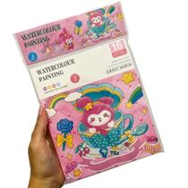 Kit Pintura Aquarela com Pincel - Livro Watercolour Painting - Mini Bloco com 16 Desenhos Fofo Kawai - 12 x 15,5