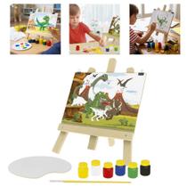 Kit pintura cavalete infantil dinossauro madeira quadro tela tintas pincel paleta completo