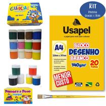 Kit Pintura com 12 Cores Básicas Tinta Guache + 6 Cores Pintura a Dedo + Bloco Desenho A4 140g + Pincel Tigre Escolar