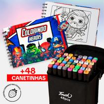 Kit Pintura Heróis Marvel E Canetinhas Touch Coloridas Ponta Dupla Homem Aranha Thor Homem de Ferro