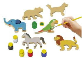 Kit Pintura Infantil Animais MDF 6 Tintas Pincel Junges