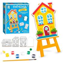 Kit Pintura Infantil Casinhas em Madeira Com Telas, Tinta, Pincel e Cavalete Kit Pintura Infantil Casinhas em Madeira Com Telas, Tinta, Pincel e Cavalete