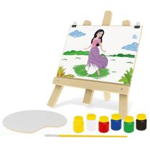Kit Pintura Infantil Com Cavalete 6 Tintas Pincel Acompanha 4 Desenhos
