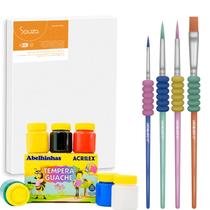 Kit Pintura Infantil Com Tela, Tinta Guache E 4 Pincéis