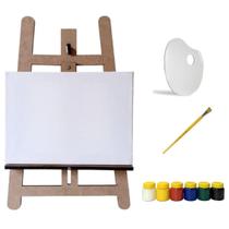 Kit Pintura Infantil Mini Cavalete Tripé Madeira MDF Cru, Tela, Pincel, 6 Tintas e Paleta Gv Office