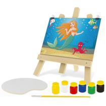 Kit Pintura Infantil Quadro C/ Cavalete + Tintas E Pincel Pequena Sereia