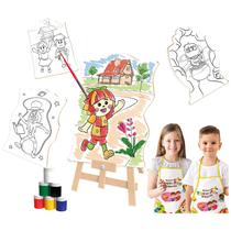 Kit Pintura Infantil Temático Cavalete Telas Tintas Pincel Godê Paleta Avental - TudoFestas