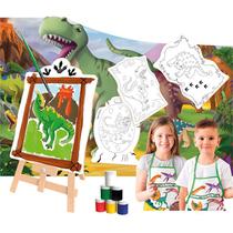 Kit Pintura Infantil Temático Dinossauros Cavalete Telas Tintas Pincel Reino Animal Dinossauro Pré Histórico - Brincadeira de Criança