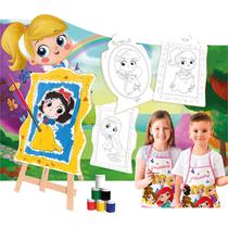 Kit Pintura Infantil Temático Princesas Cavalete Telas Tintas Pincel Histórias Infantis - Brincadeira de Criança