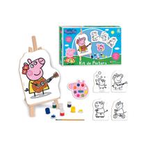 Kit Pintura Peppa Pig Infantil c/ 4 Telas 1 Pincel 1 Cavalete em Madeira 6 Tintas Guaches Menino Menina - Nig Brinquedos